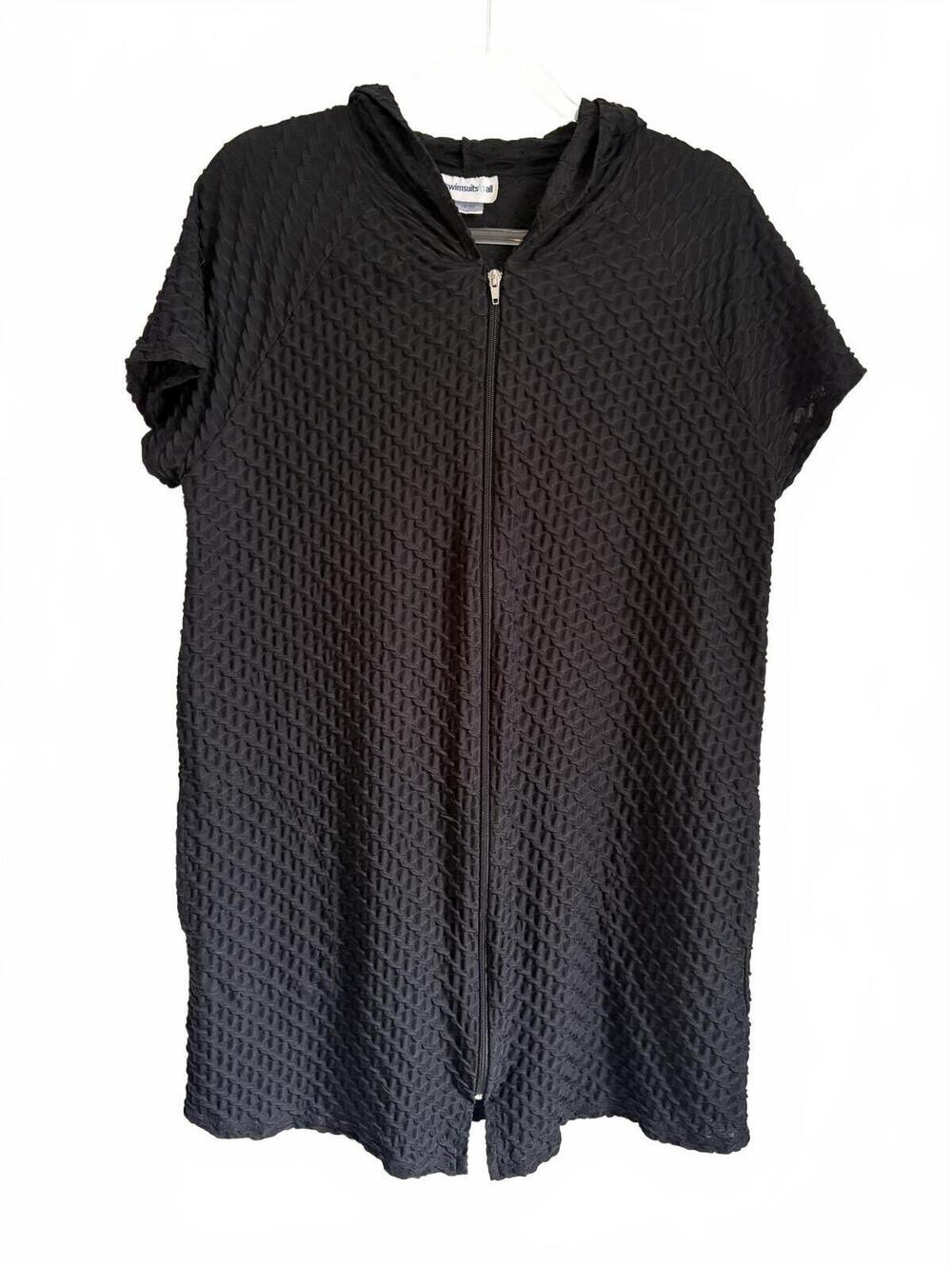 Swimsuits for All | Black Textured Short Sleeve Cover Up Zipper Hood Size 18/20
